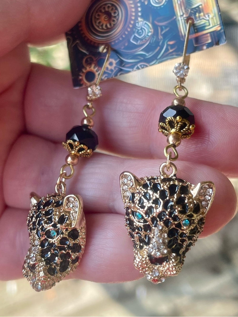 Hand Crafted Gold Leopard Head Drop Earrings with Black and Green Accents - Picture 6 of 8
